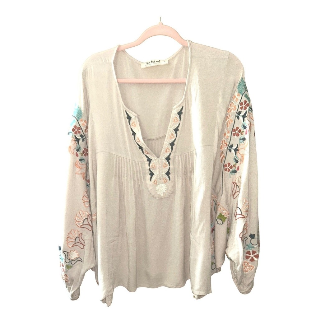 Anthro Three Bird Nest Embroidered Boho Peasant Blouse Beige Large - Picture 2 of 9